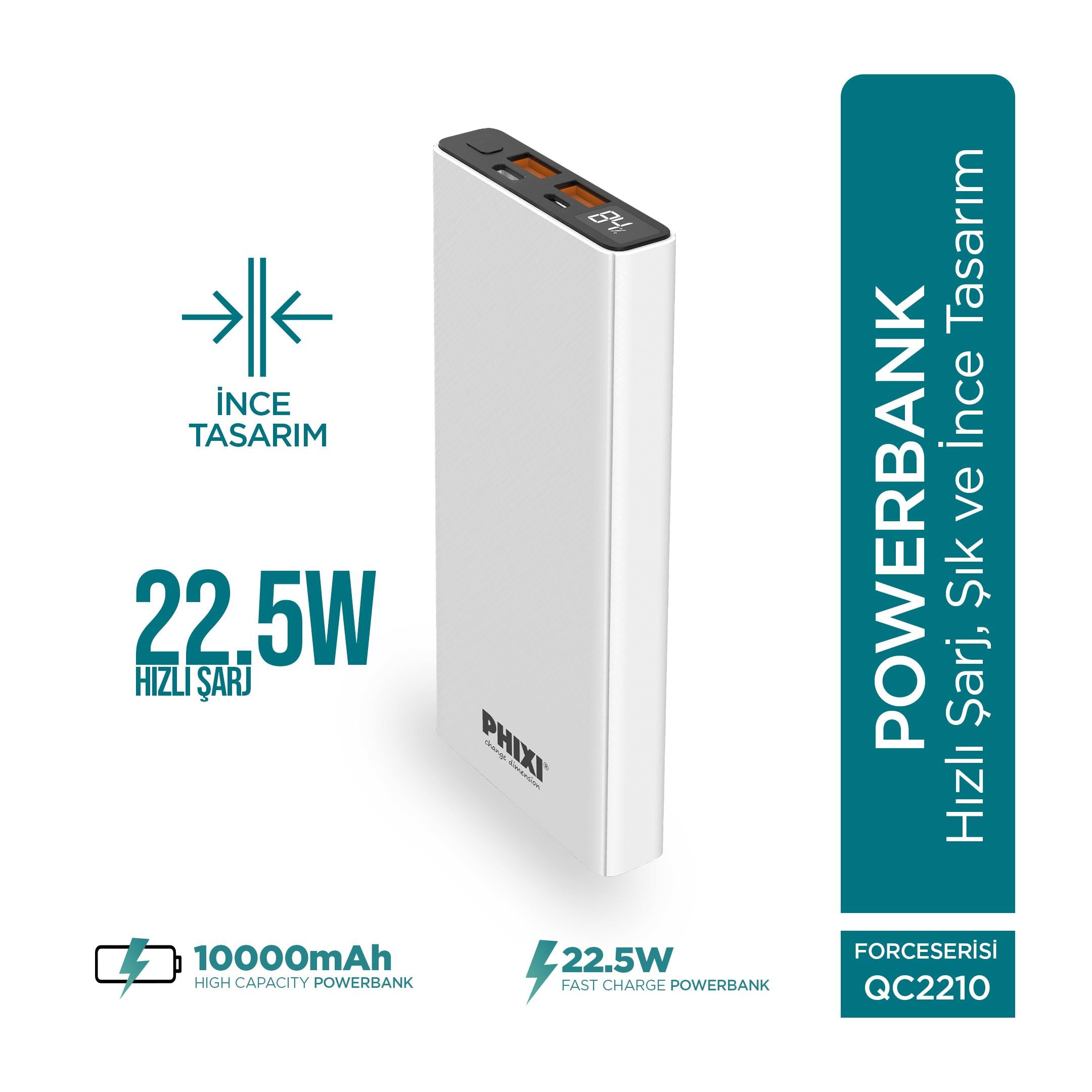 Phixi Force QC2210 10000mAh 22.5W Hızlı Şarj Cihazı - Fast Powerbank - 2 USB 1 PD Port - Dijital Ekran - Taşınabilir Şarj Cihazı