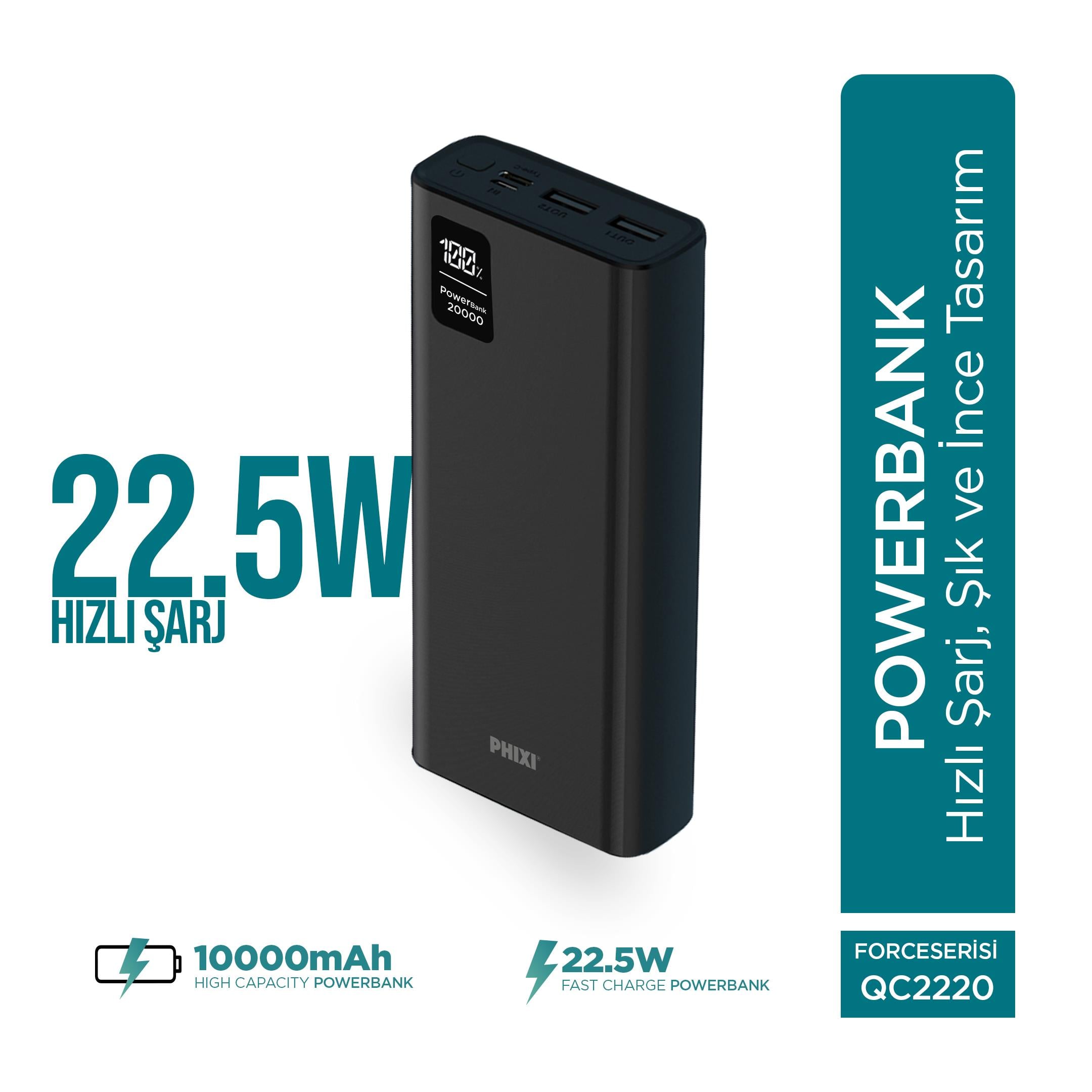 Phixi Force QC2220 20000mAh 22.5W Hızlı Şarj Cihazı - Fast Powerbank - 2 USB 1 PD Port - Dijital Ekran - Taşınabilir Şarj Cihazı