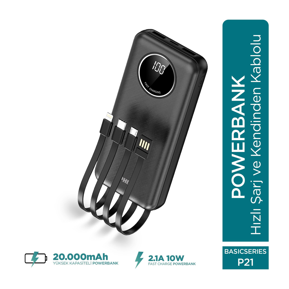 Phixi Basic P21 20000mAh 10W Kendinden Kablolu Şarj Cihazı - Powerbank - 2 USB Port 4 Kablo Çıkışı - LED Ekran - Taşınabilir Şarj Cihazı