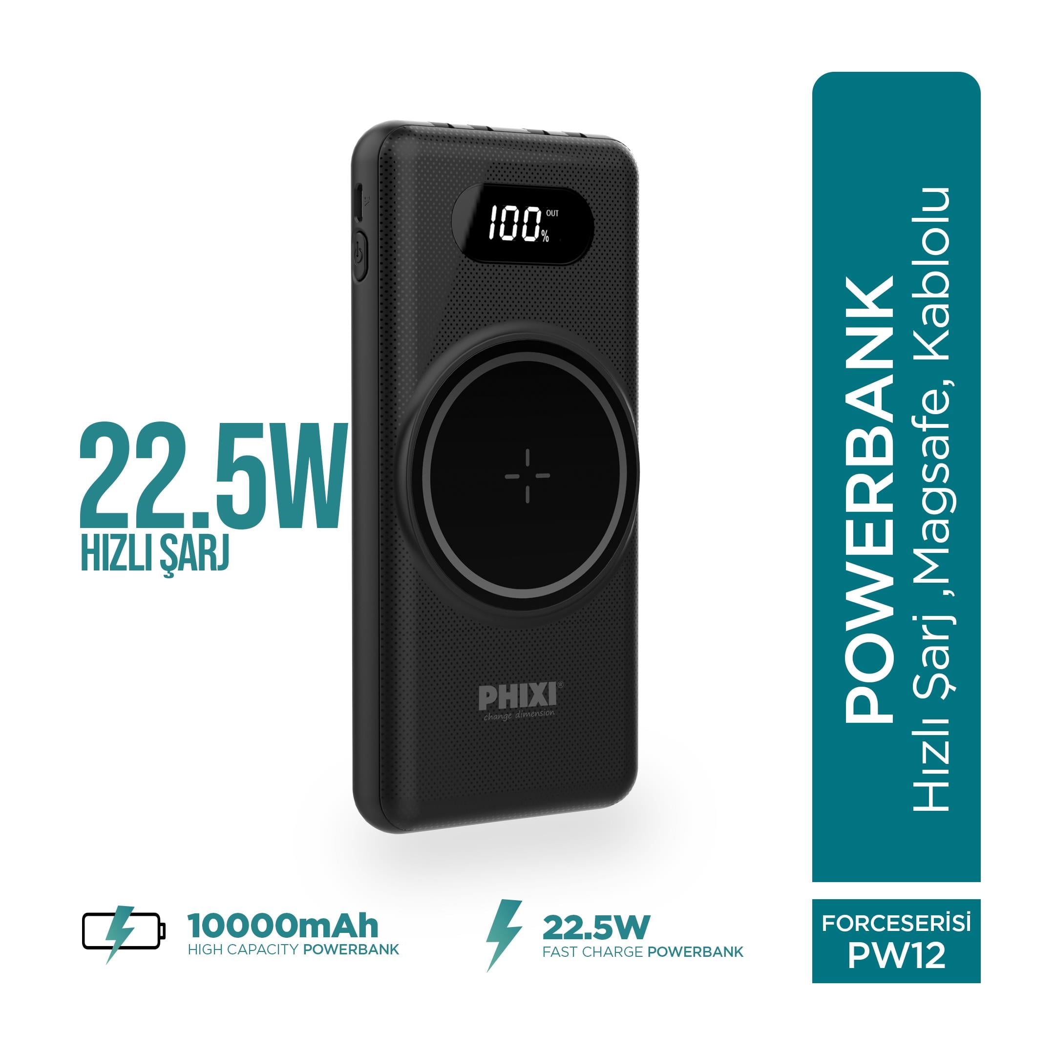 Phixi Force PW12 10000mAh 22.5W MagSafe Kendinden Kablolu Şarj Cihazı - Kablosuz Powerbank - 1 USB 1 PD Port 4 Kablo Çıkışı - LED Ekran - Taşınabilir Şarj Cihazı