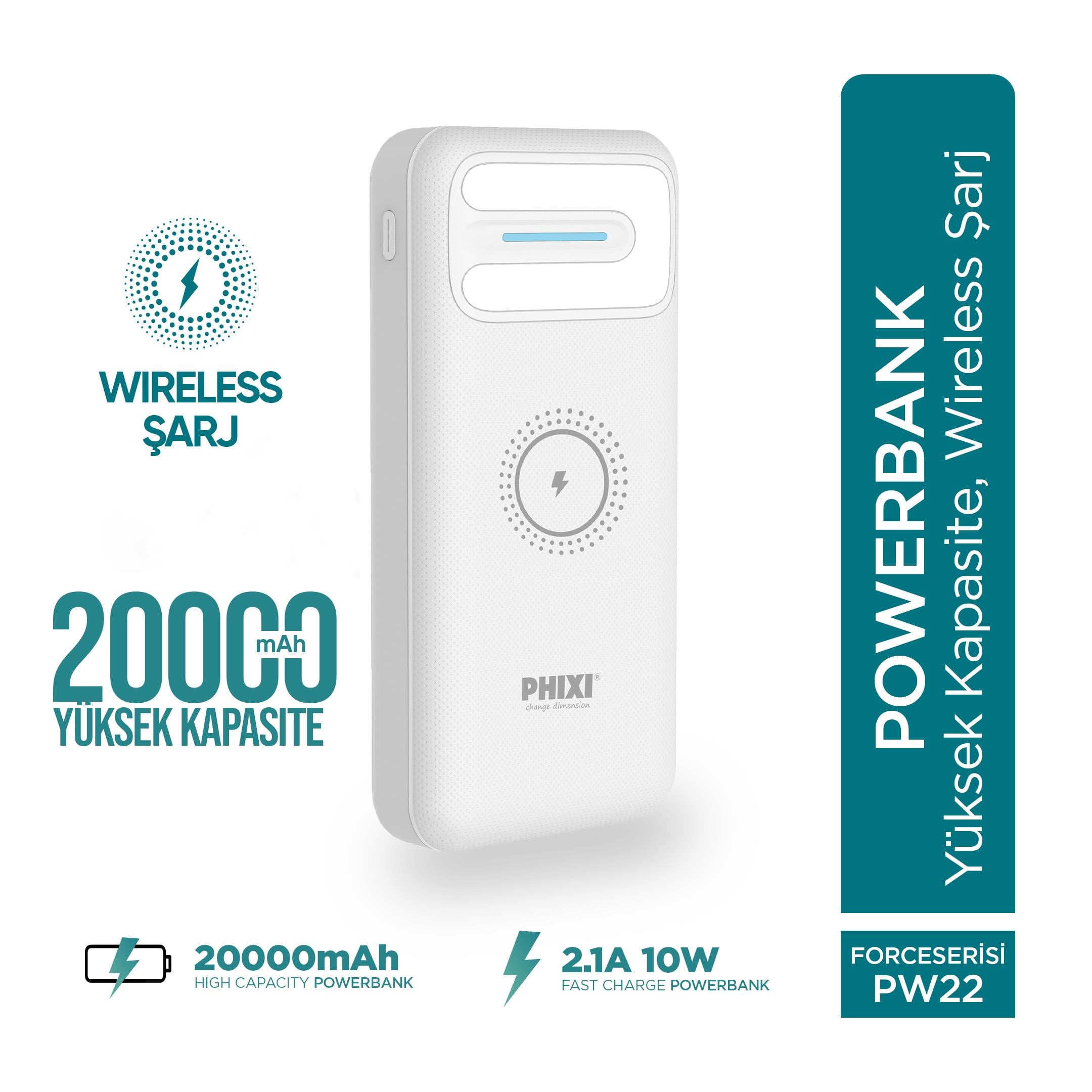 Phixi Basic PW22 20000mAh 10W Kablosuz Şarj Cihazı - Wireless Powerbank - 2 USB Port - LED Gösterge - Taşınabilir Şarj Cihazı