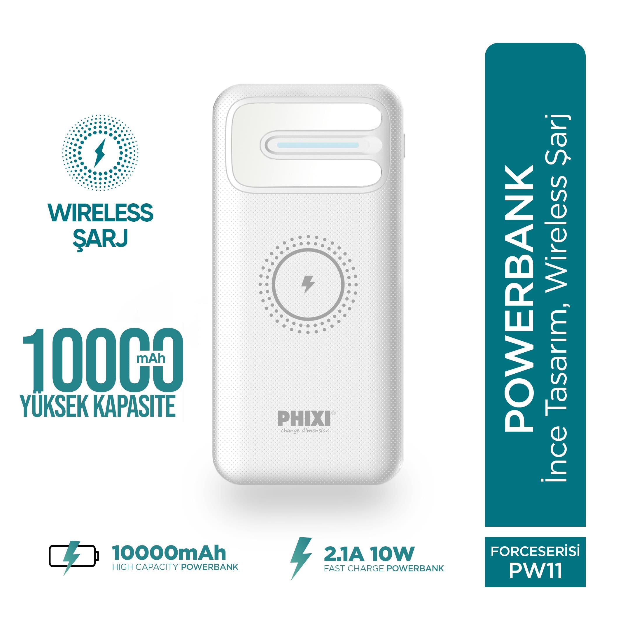 Phixi Basic PW11 10000mAh 10W Kablosuz Şarj Cihazı - Wireless Powerbank - 2 USB Port - LED Gösterge - Taşınabilir Şarj Cihazı