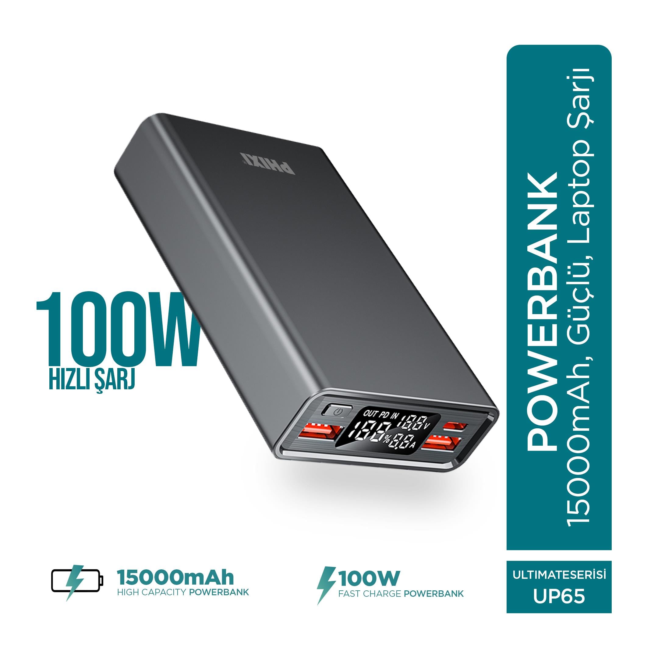 Phixi Ultimate UP65 15000mAh 100W Süper Hızlı Şarj Cihazı - Laptop Şarj Edebilir Powerbank - 2 USB 2 PD Port - Dijital Ekran - Taşınabilir Şarj Cihazı