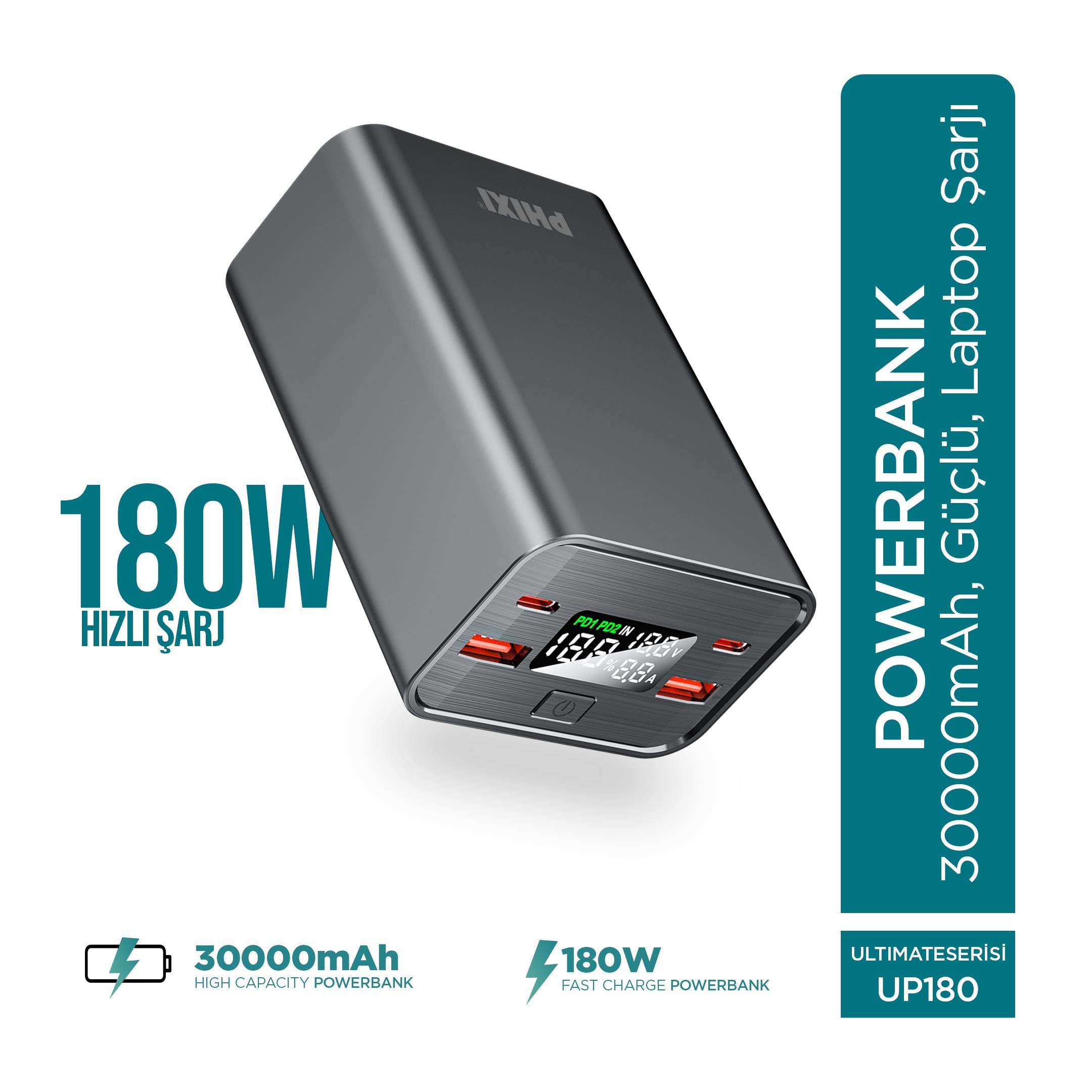 Phixi Ultimate UP180 30000mAh 180W Süper Hızlı Şarj Cihazı - Laptop Şarj Edebilir Powerbank - 2 USB 2 PD Port - Dijital Ekran - Taşınabilir Şarj Cihazı