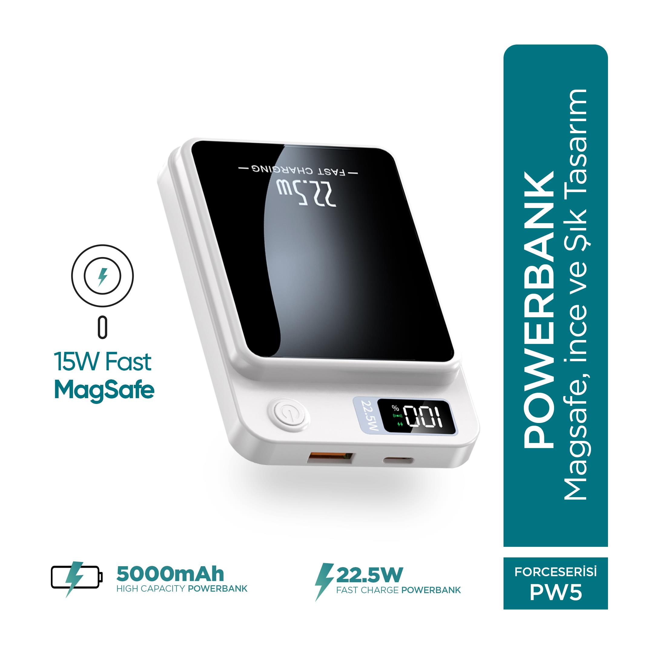 Phixi Force PW5 5000mAh 22.5W MagSafe Powerbank - Kablosuz Mini Şarj Cihazı - 1 USB 1 PD Port - Dijital Ekran - Taşınabilir Şarj Cihazı