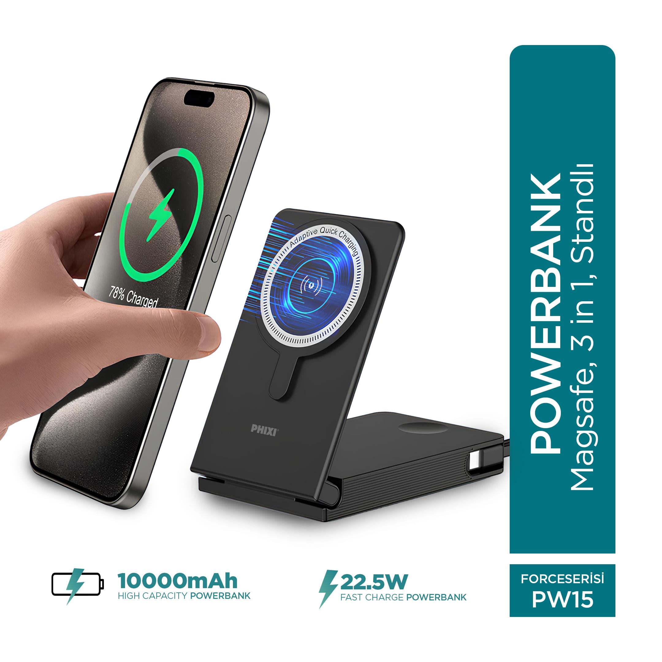 Phixi Ultimate PW15 10000mAh 22.5W Kendinden Kablolu MagSafe Powerbank + Watch + Stand - Kablosuz Şarj Cihazı - 1 PD 1 USB Port - Dijital Ekran - Taşınabilir Şarj Cihazı