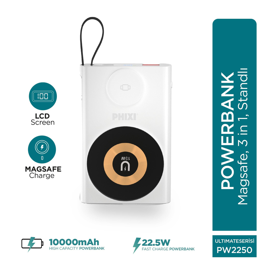 Phixi Ultimate PW2250 10000mAh 22.5W Kendinden Kablolu MagSafe Powerbank + Watch + Stand - Kablosuz Şarj Cihazı - 1 PD 1 USB Port - Dijital Ekran - Taşınabilir Şarj Cihazı