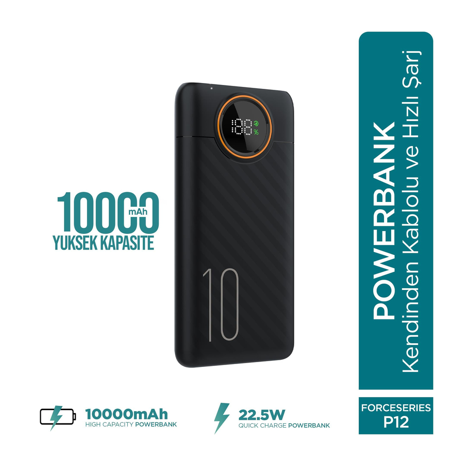 Phixi Force P12 10000mAh 22.5W Hızlı Şarj Cihazı - Fast Powerbank - Dijital Ekran - Taşınabilir Şarj Cihazı
