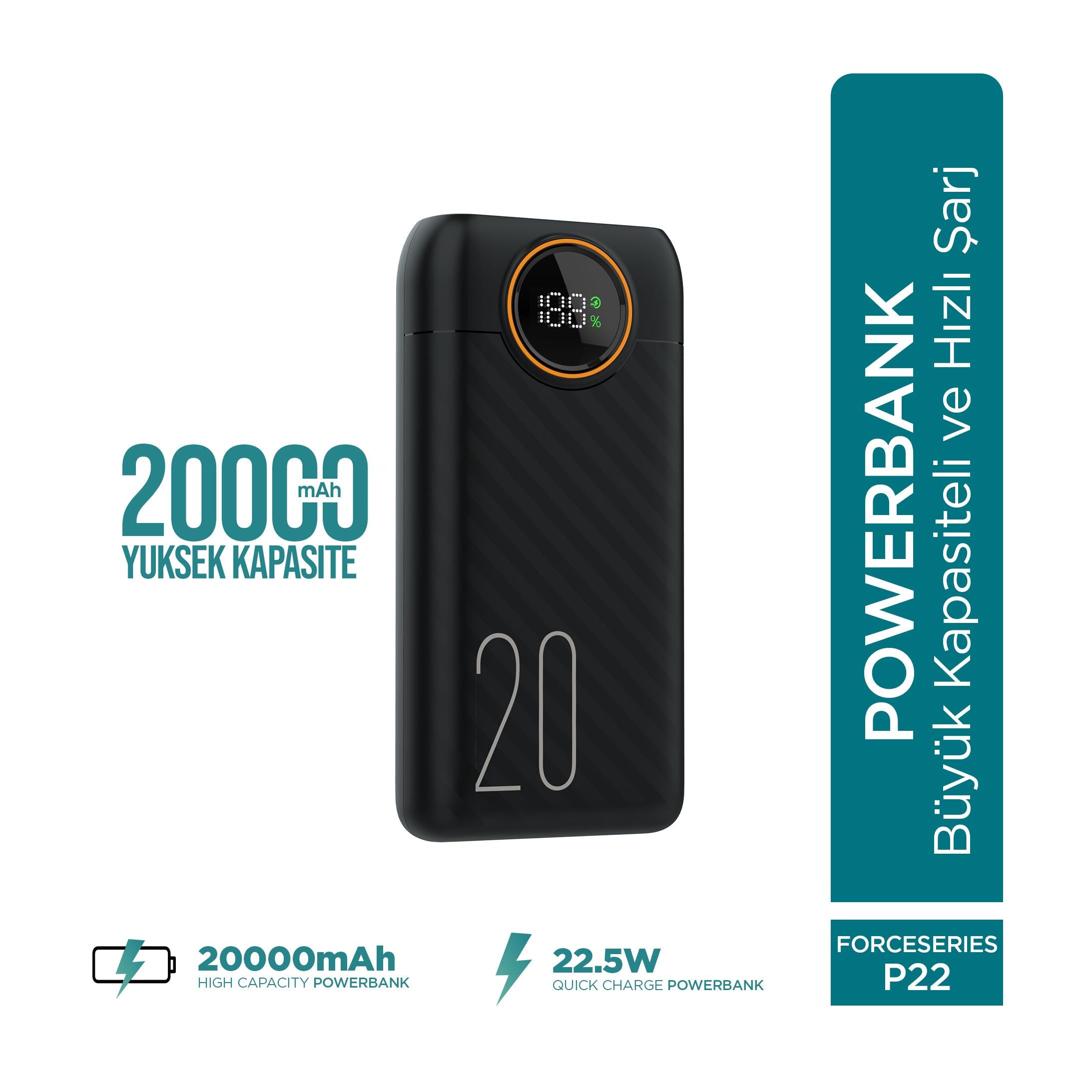 Phixi Force P22 20000mAh 22.5W Hızlı Şarj Cihazı - Fast Powerbank - Dijital Ekran - Taşınabilir Şarj Cihazı