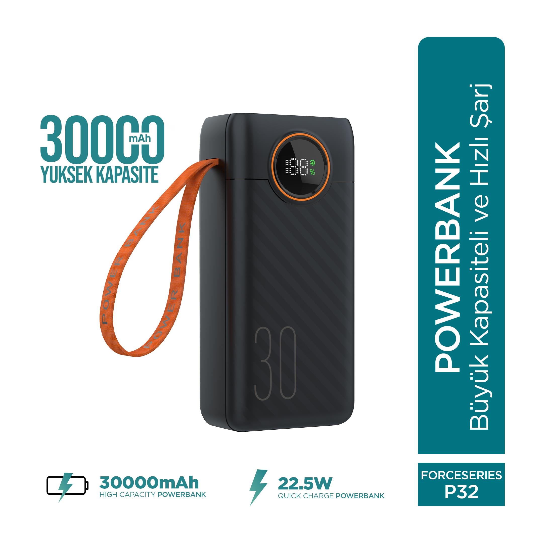 Phixi Force P32 30000mAh 22.5W Hızlı Şarj Cihazı - Dahili Kablolu - Fast Powerbank - Dijital Ekran - Taşınabilir Şarj Cihazı