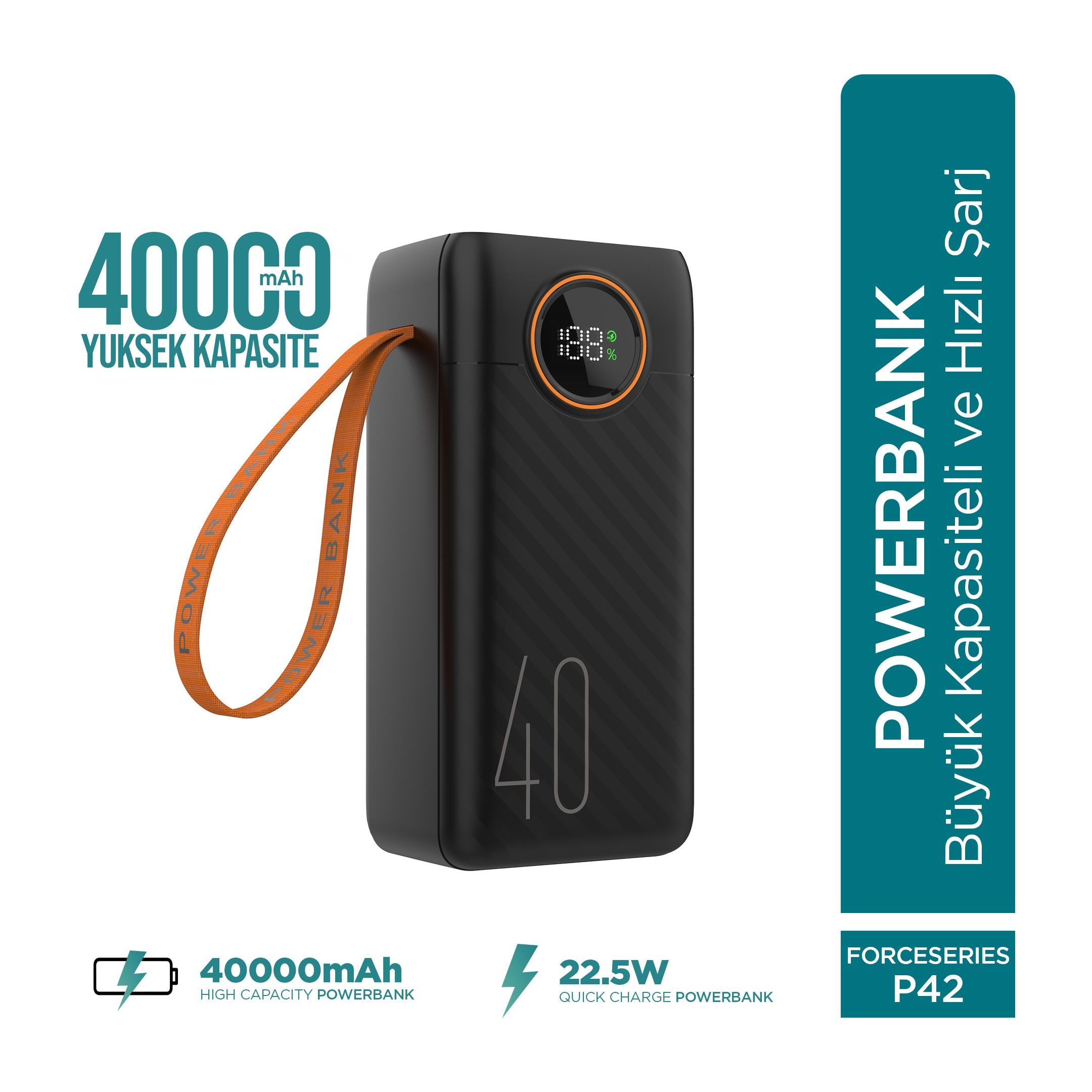 Phixi Force P42 40000mAh 22.5W Hızlı Şarj Cihazı - Dahili Kablolu - Fast Powerbank - Dijital Ekran - Taşınabilir Şarj Cihazı
