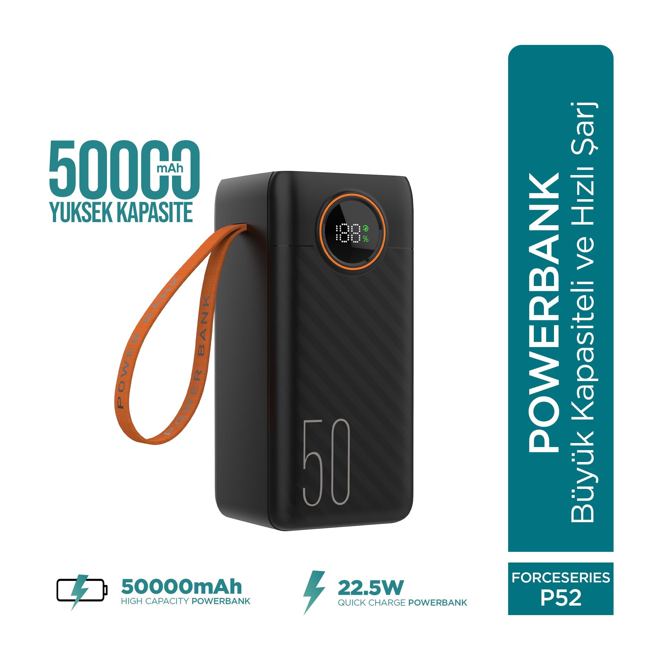 Phixi Force P52 50000mAh 22.5W Hızlı Şarj Cihazı - Dahili Kablolu - Fast Powerbank - Dijital Ekran - Taşınabilir Şarj Cihazı