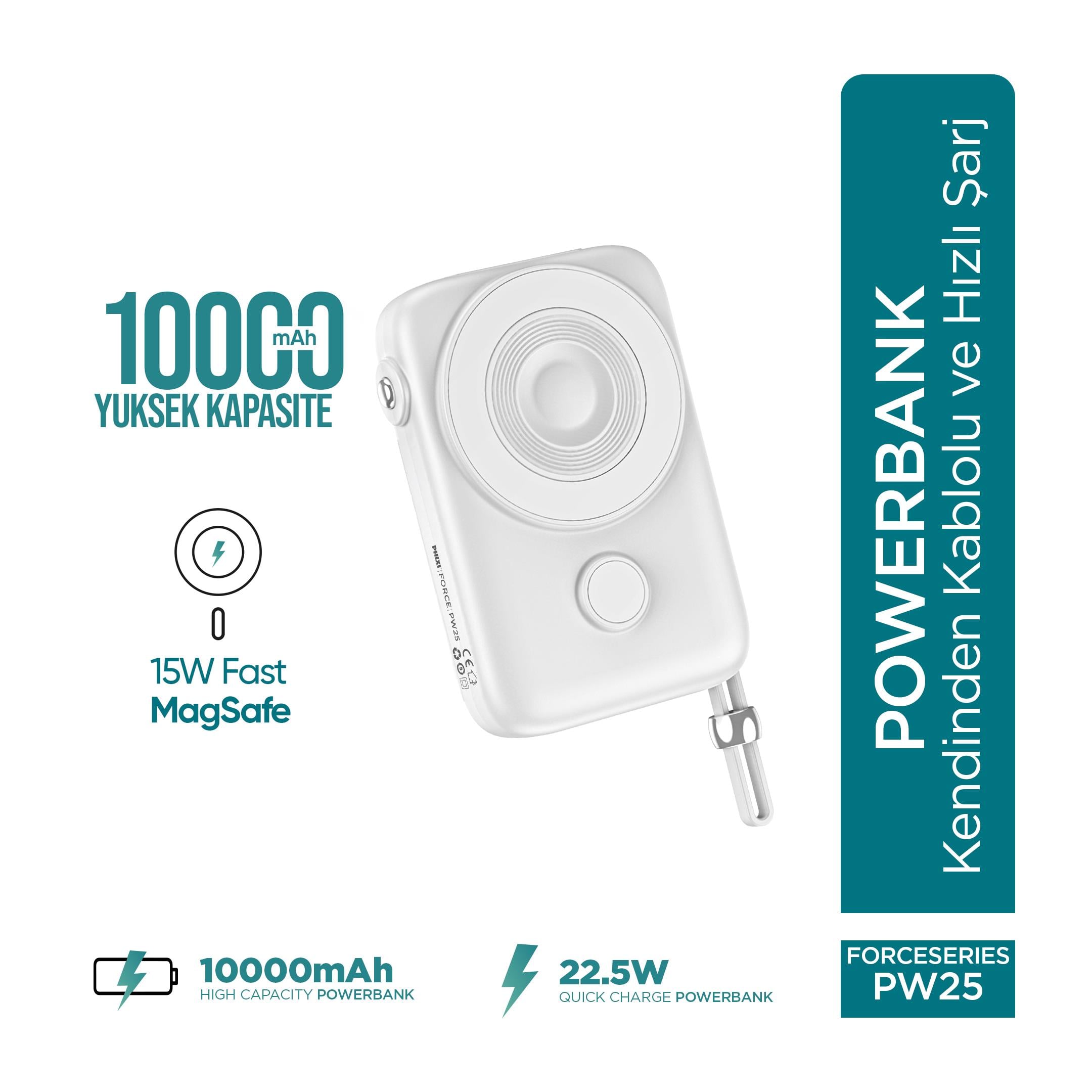 Phixi Force PW25 10000mAh 22.5W Kendinden Kablolu MagSafe Powerbank - Kablosuz Mini Şarj Cihazı - Dijital Ekran - Taşınabilir Şarj Cihazı