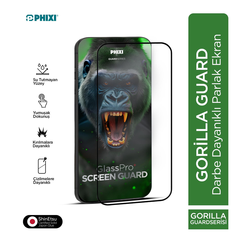 Phixi Gorilla Guard iPhone 15 Pro Max Kırılmaz Cam – HD Temperli, Tekrar Yapışabilir, Suyla Temizlenebilir, Anti-Statik, Süper Kavisli Ekran Koruyucu