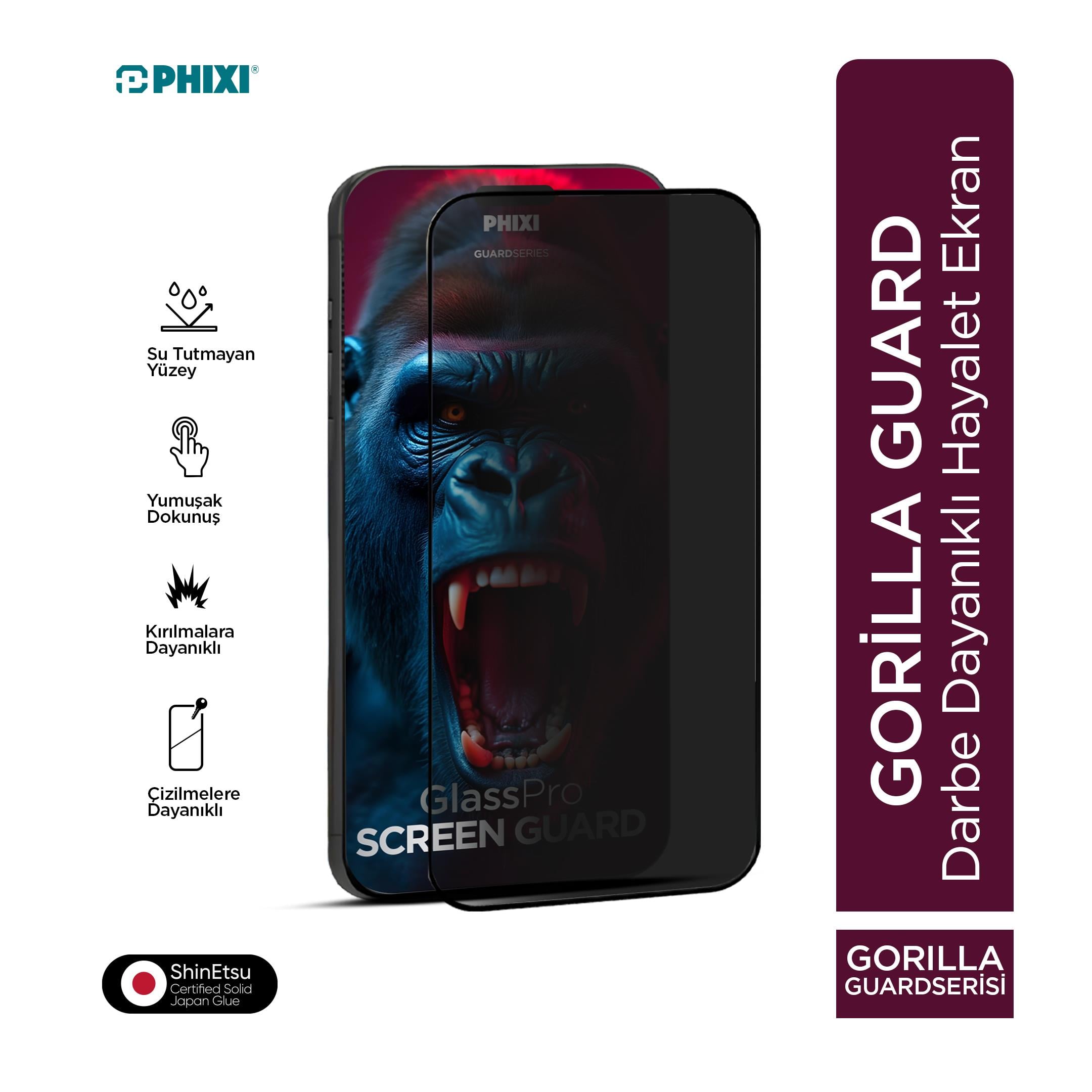 Phixi Hayalet Gorilla Guard iPhone 16 Pro Max Kırılmaz Cam – HD Temperli, Tekrar Yapışabilir, Suyla Temizlenebilir, Anti-Statik, Süper Kavisli Ekran Koruyucu
