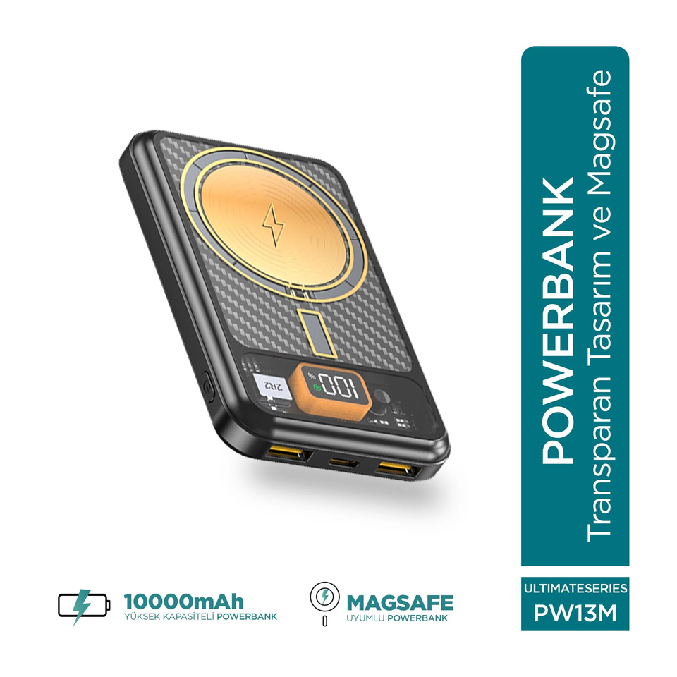 Phixi Ultimate PW13M 10000mAh 22.5W MagSafe Powerbank - Transparan Kablosuz Mini Şarj Cihazı - 2 USB 1 PD Port - Dijital Ekran - Taşınabilir Şarj Cihazı