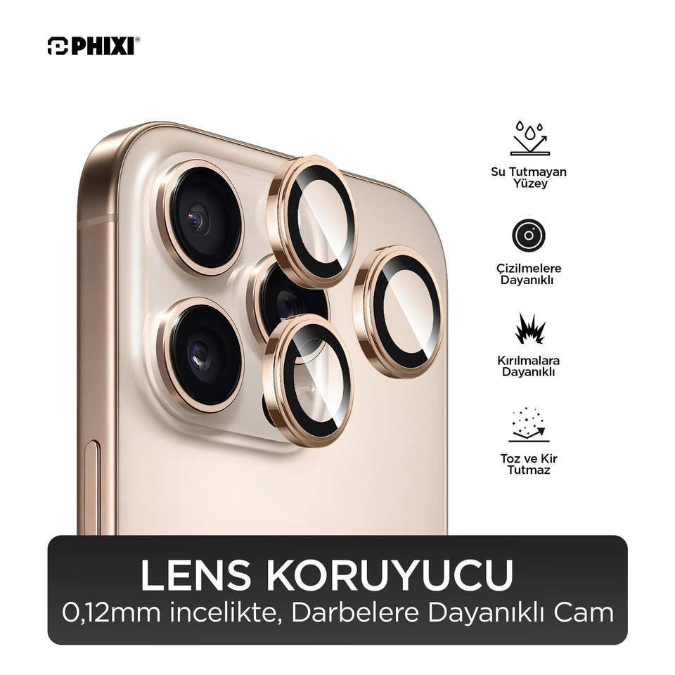 Phixi Premium Guard Serisi – iPhone 16 Pro / Pro Max Uyumlu Desert Titanyum Kamera Lens Koruyucu | Safir Cam, Kırılmaz, Gerçek Görünüm