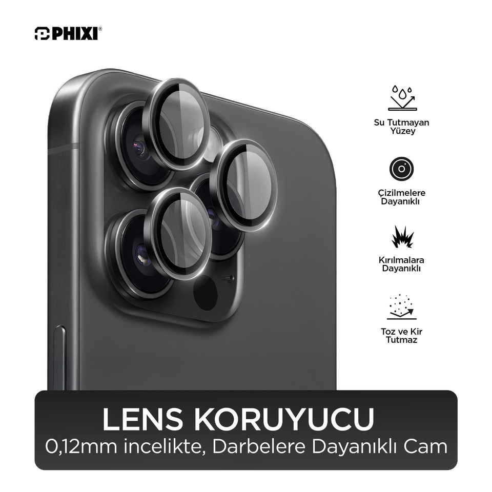 Phixi Premium Guard Serisi – iPhone 16 Pro / Pro Max Uyumlu Black Titanyum Kamera Lens Koruyucu | Safir Cam, Kırılmaz, Gerçek Görünüm