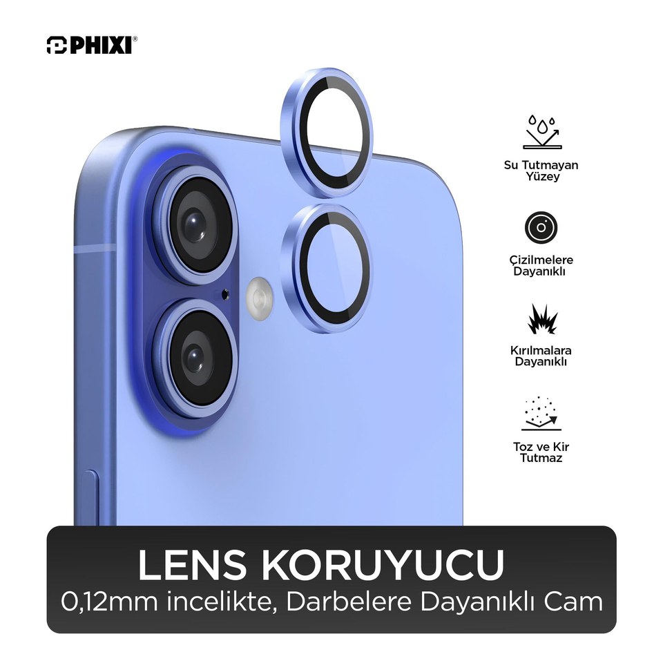 Phixi Premium Guard Serisi – iPhone 16 / Plus Uyumlu Dark Blue Kamera Lens Koruyucu | Safir Cam, Kırılmaz, Gerçek Görünüm