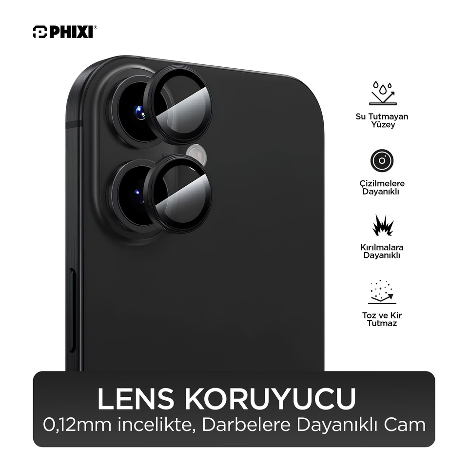 Phixi Premium Guard Serisi – iPhone 16 / Plus Uyumlu Black Kamera Lens Koruyucu | Safir Cam, Kırılmaz, Gerçek Görünüm