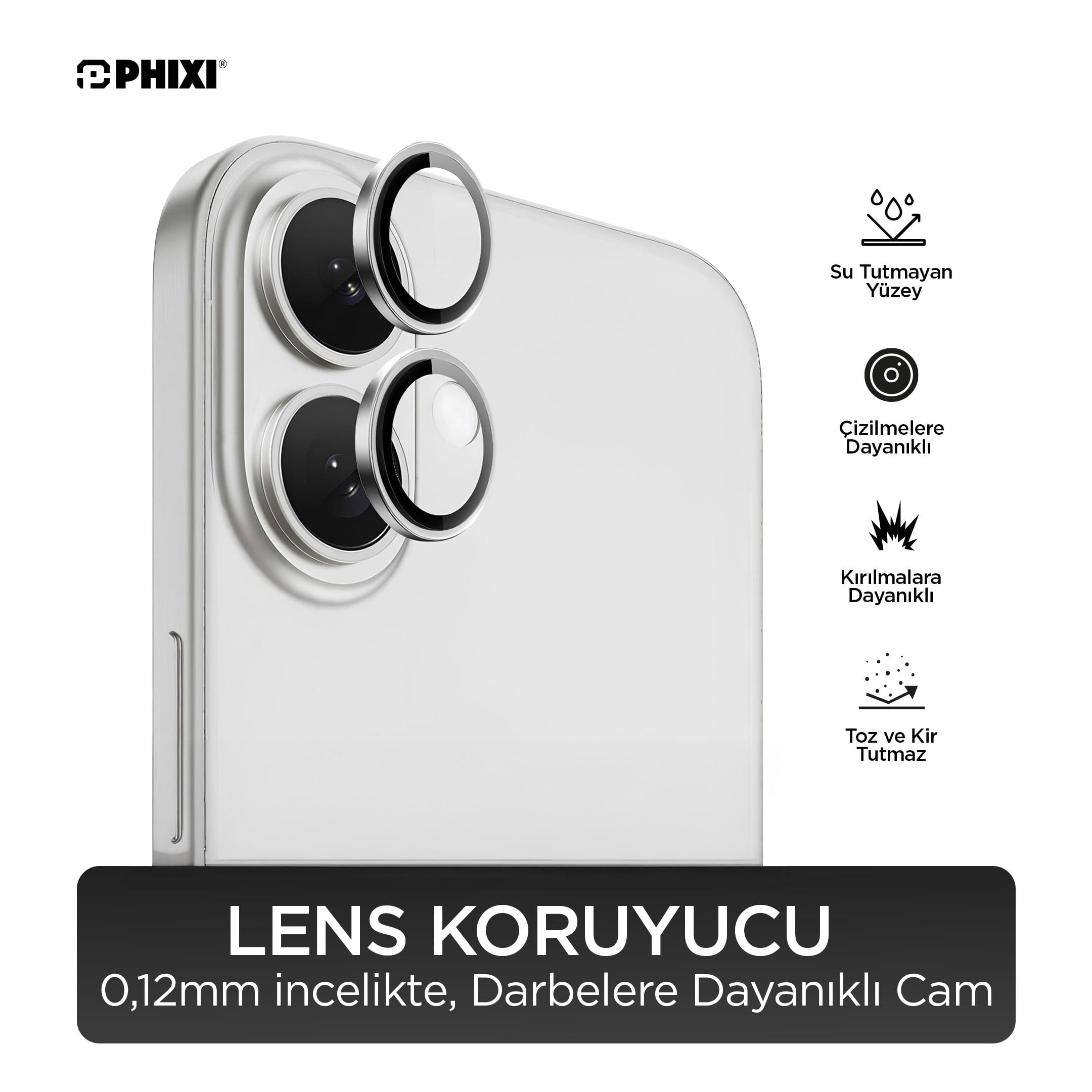 Phixi Premium Guard Serisi – iPhone 16 / Plus Uyumlu White Kamera Lens Koruyucu | Safir Cam, Kırılmaz, Gerçek Görünüm