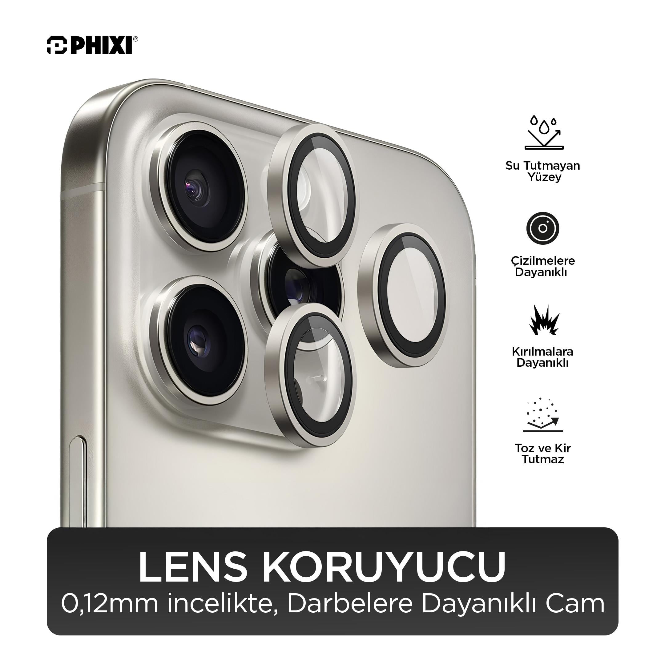 Phixi Premium Guard Serisi – iPhone 15 Pro / Pro Max Uyumlu Natural Titanium Kamera Lens Koruyucu | Safir Cam, Kırılmaz, Gerçek Görünüm