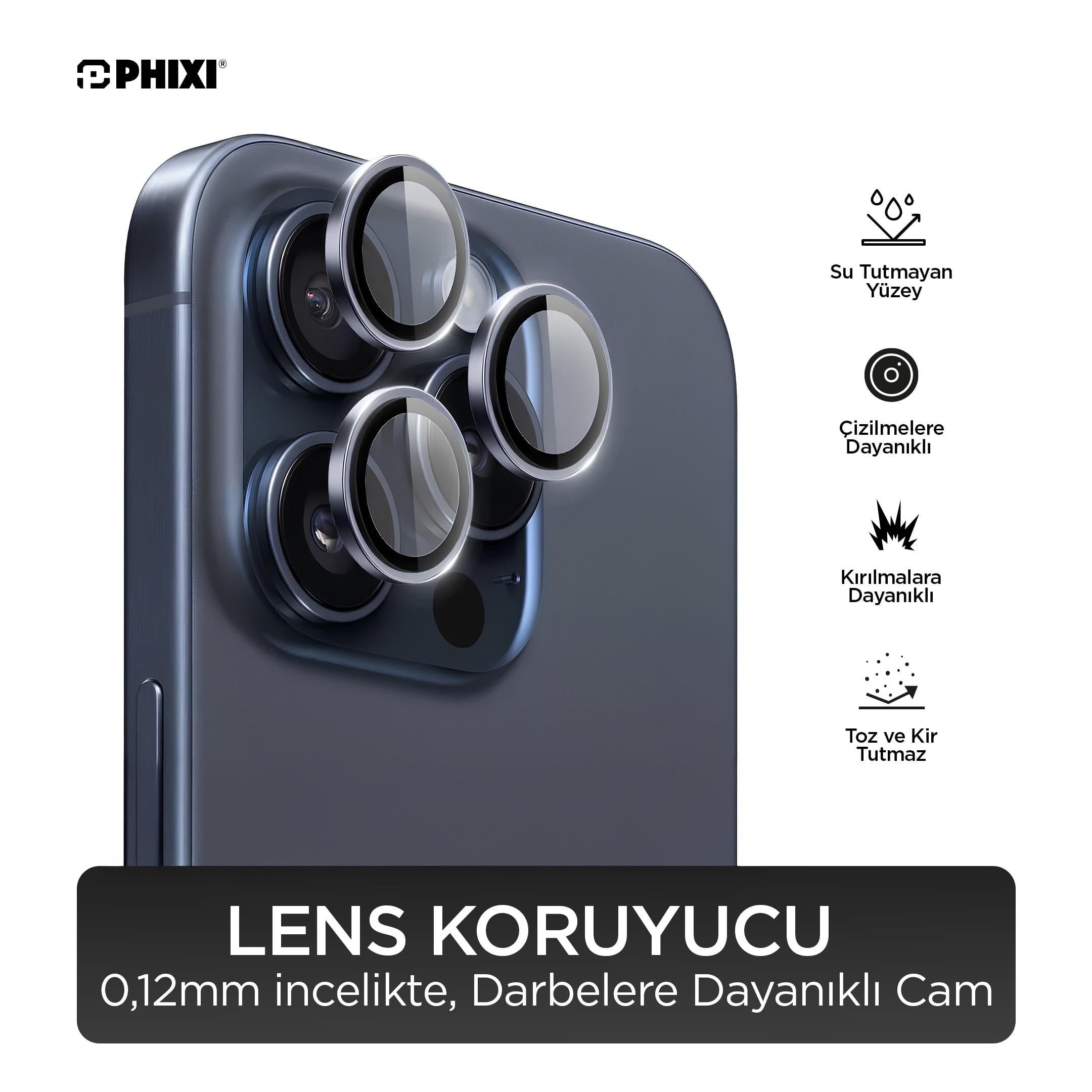 Phixi Premium Guard Serisi – iPhone 15 Pro / Pro Max Uyumlu Blue Titanium Kamera Lens Koruyucu | Safir Cam, Kırılmaz, Gerçek Görünüm
