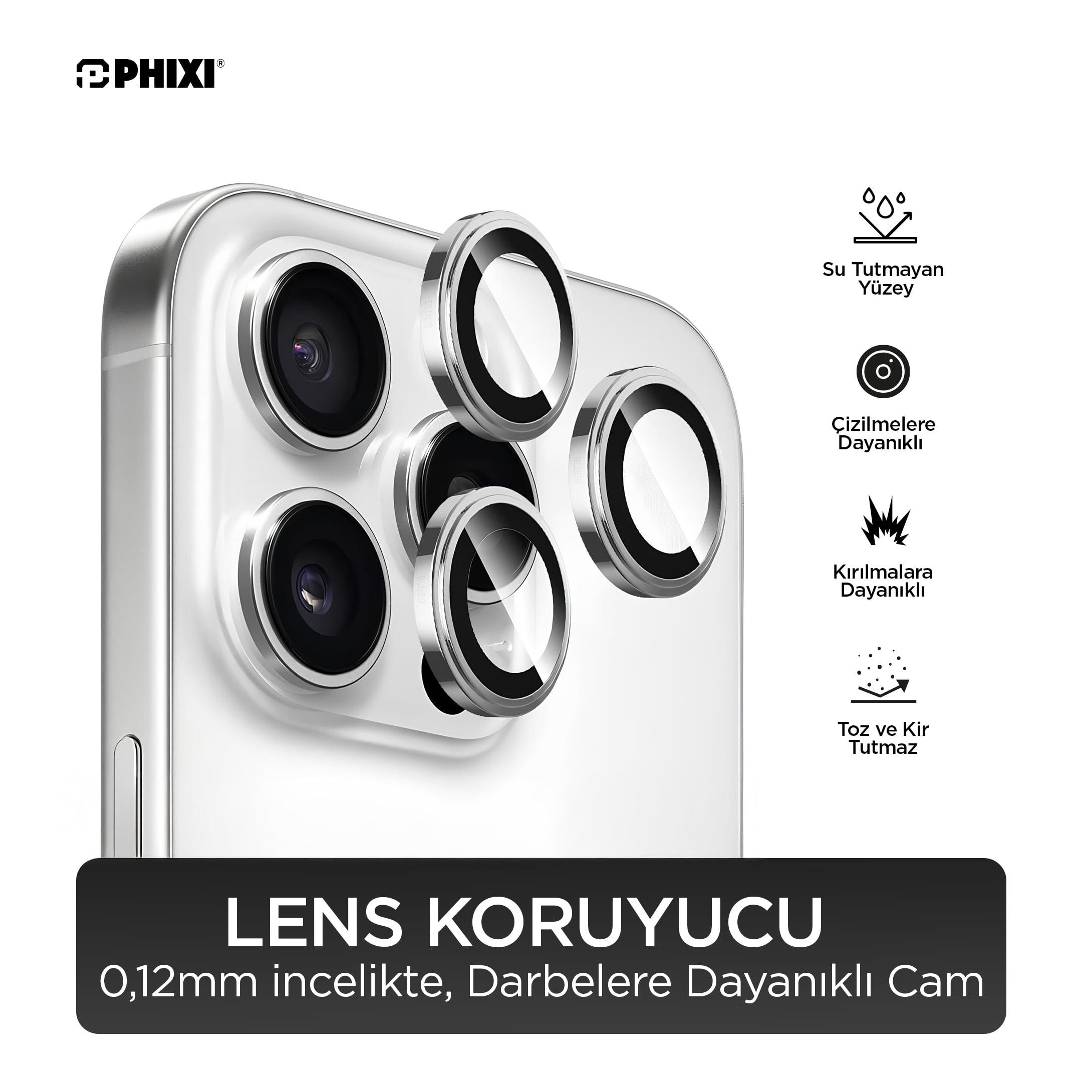 Phixi Premium Guard Serisi – iPhone 15 Pro / Pro Max Uyumlu White Kamera Lens Koruyucu | Safir Cam, Kırılmaz, Gerçek Görünüm