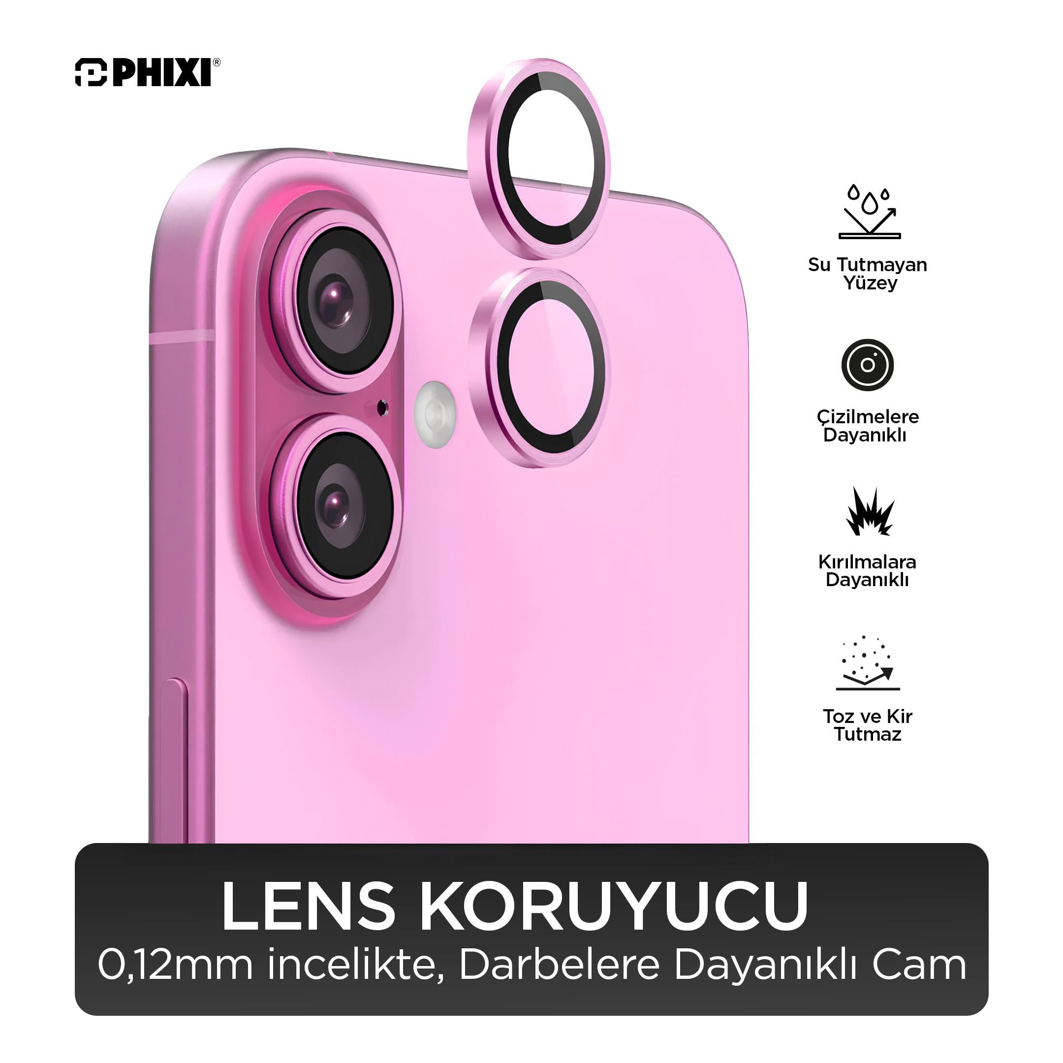 Phixi Premium Guard Serisi – iPhone 16 / Plus Uyumlu Pink Kamera Lens Koruyucu | Safir Cam, Kırılmaz, Gerçek Görünüm