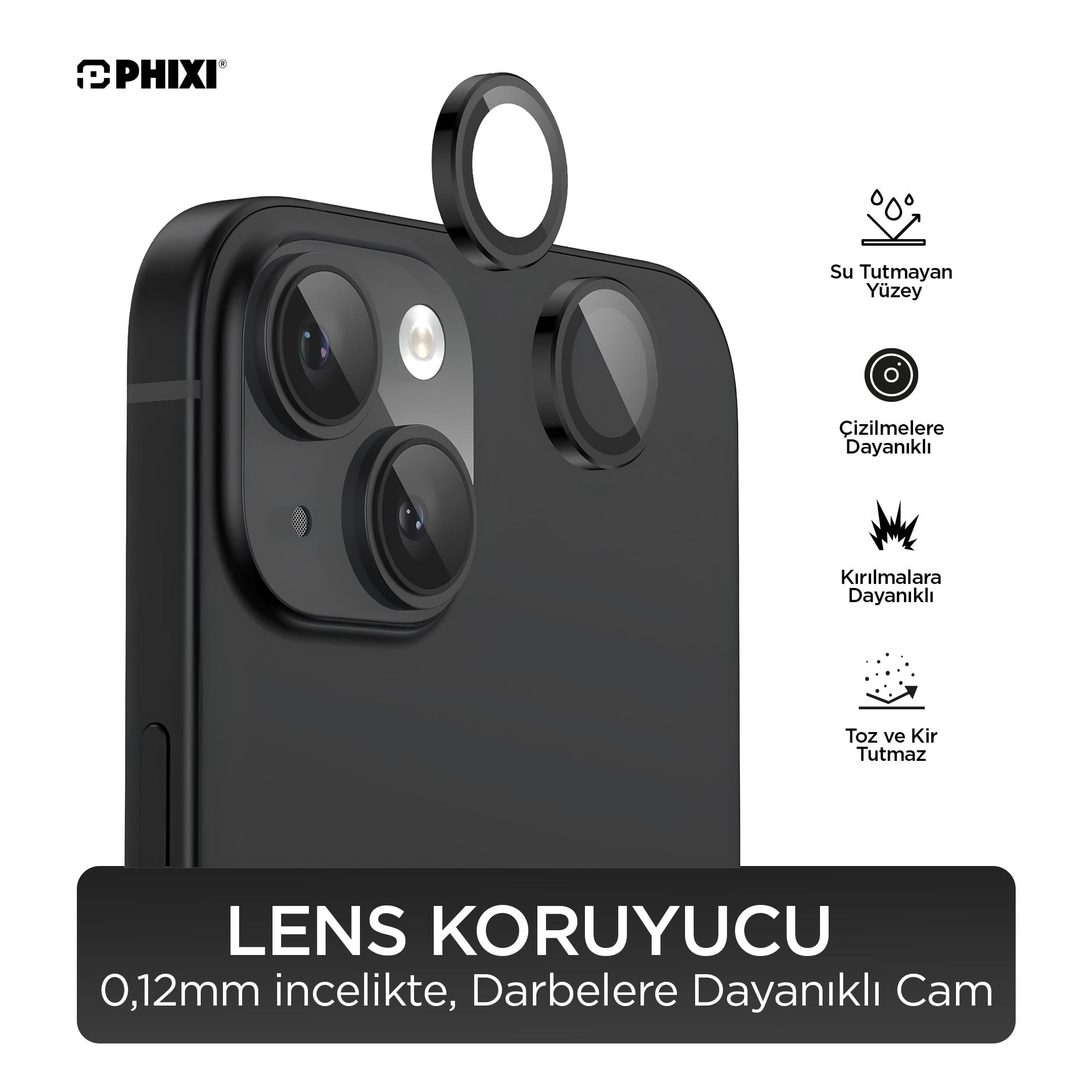 Phixi Premium Guard Serisi – iPhone 15 / Plus Uyumlu Black Kamera Lens Koruyucu | Safir Cam, Kırılmaz, Gerçek Görünüm