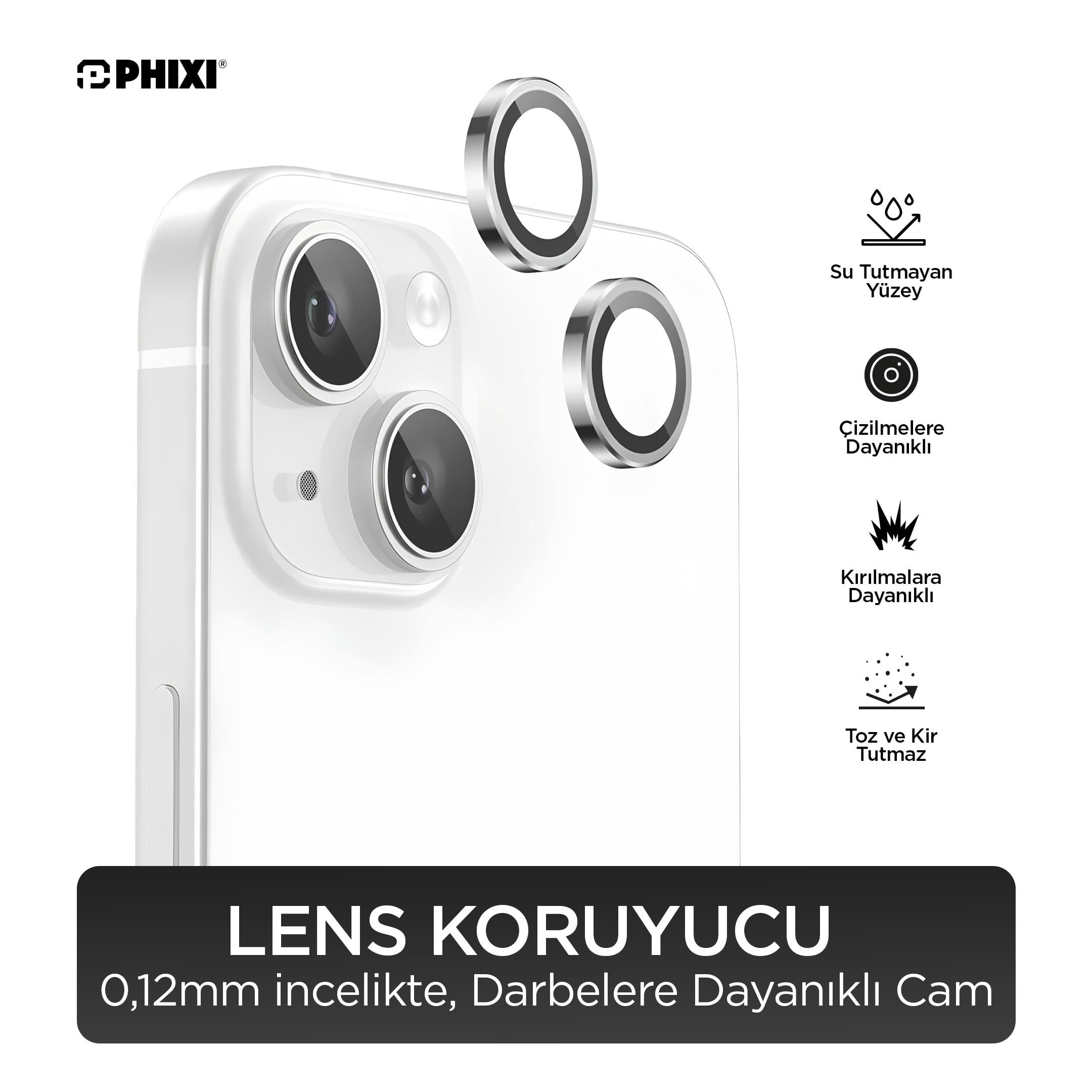 Phixi Premium Guard Serisi – iPhone 15 / Plus Uyumlu White Kamera Lens Koruyucu | Safir Cam, Kırılmaz, Gerçek Görünüm