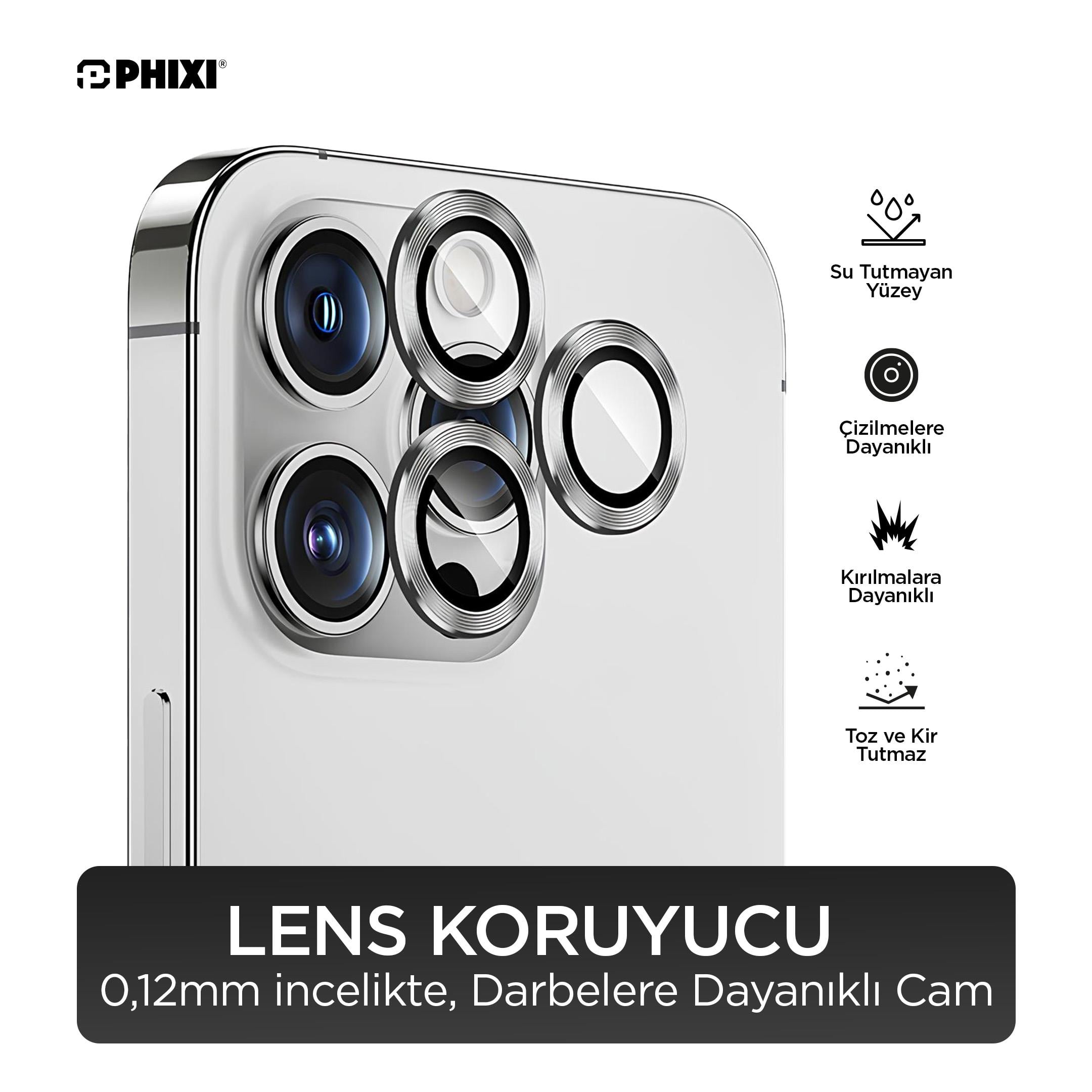 Phixi Premium Guard Serisi – iPhone 14 Pro / Pro Max Uyumlu Silver Kamera Lens Koruyucu | Safir Cam, Kırılmaz, Gerçek Görünüm