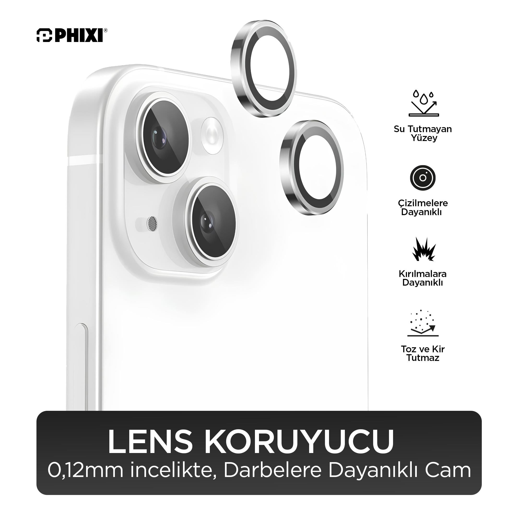 Phixi Premium Guard Serisi – iPhone 14 / Plus Uyumlu White Kamera Lens Koruyucu | Safir Cam, Kırılmaz, Gerçek Görünüm