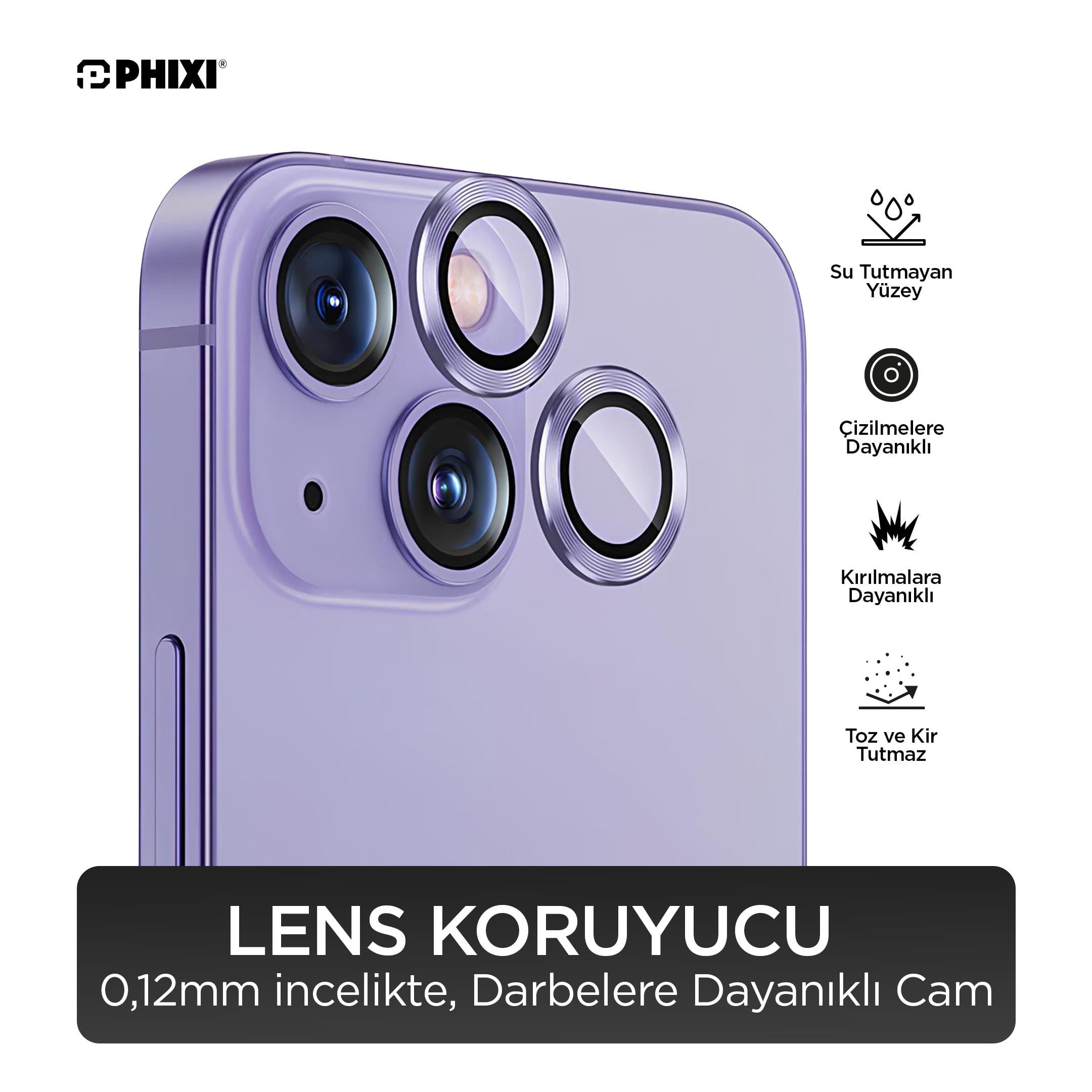 Phixi Premium Guard Serisi – iPhone 14 / Plus Uyumlu Purple Kamera Lens Koruyucu | Safir Cam, Kırılmaz, Gerçek Görünüm