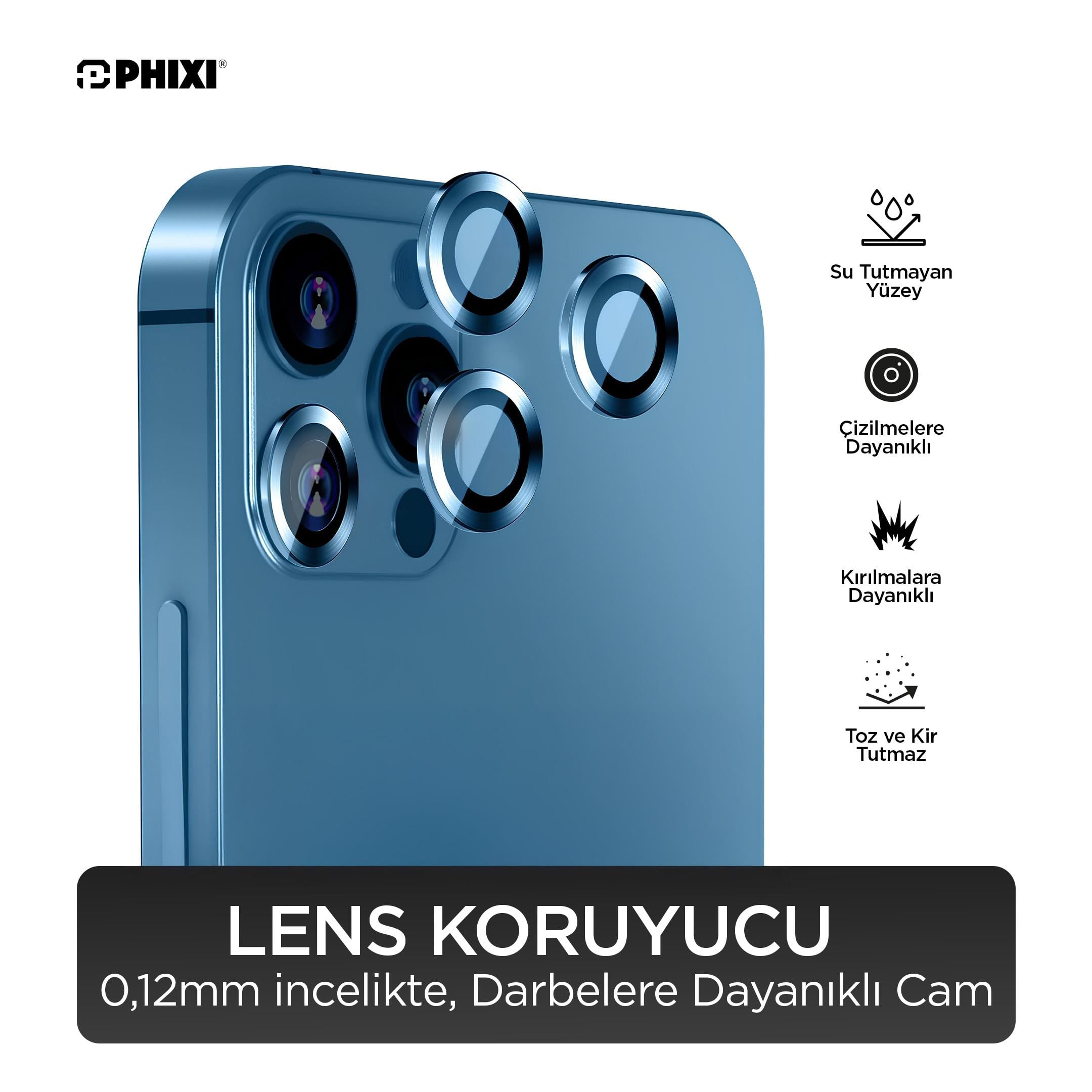 Phixi Premium Guard Serisi – iPhone 13 Pro / Pro Max Uyumlu Sierra Blue Kamera Lens Koruyucu | Safir Cam, Kırılmaz, Gerçek Görünüm