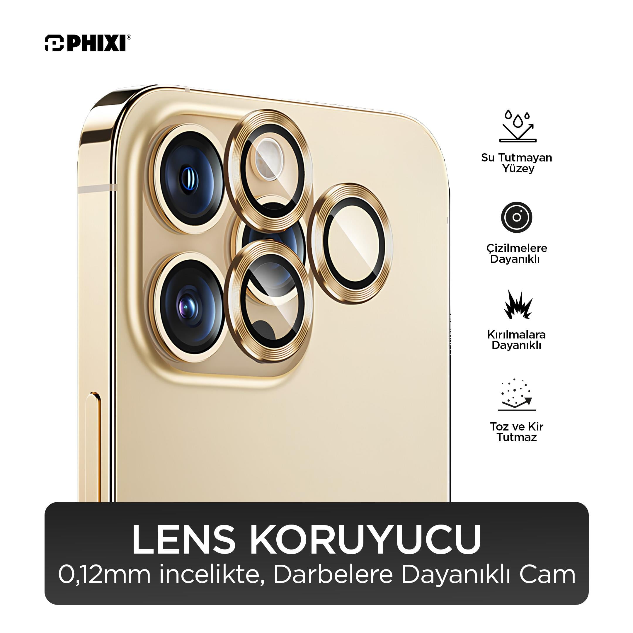 Phixi Premium Guard Serisi – iPhone 13 Pro / Pro Max Uyumlu Gold Kamera Lens Koruyucu | Safir Cam, Kırılmaz, Gerçek Görünüm