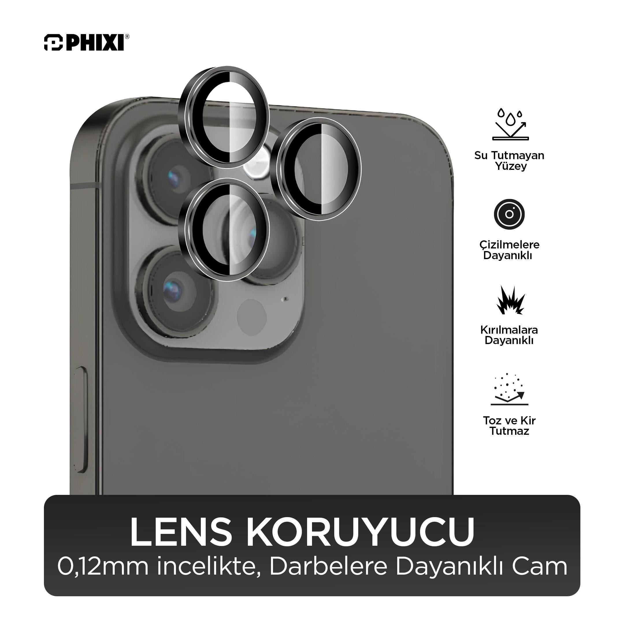 Phixi Premium Guard Serisi – iPhone 13 Pro / Pro Max Uyumlu Black Kamera Lens Koruyucu | Safir Cam, Kırılmaz, Gerçek Görünüm