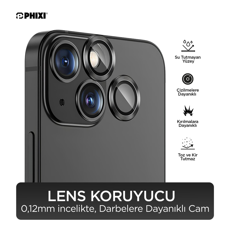 Phixi Premium Guard Serisi – iPhone 13 Uyumlu Black Kamera Lens Koruyucu | Safir Cam, Kırılmaz, Gerçek Görünüm