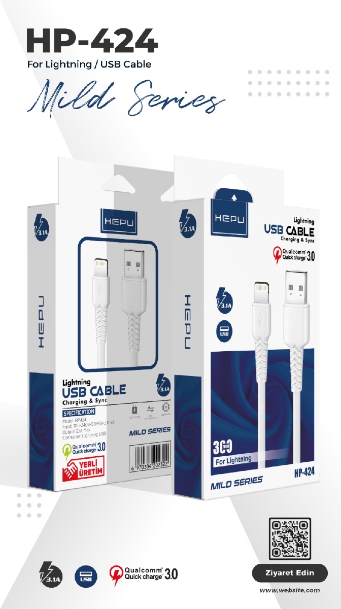 HEPU iOS HP-424 MILD USB Kablo – iPhone iPad Uyumlu Dayanıklı Şarj Kablosu (30 cm)