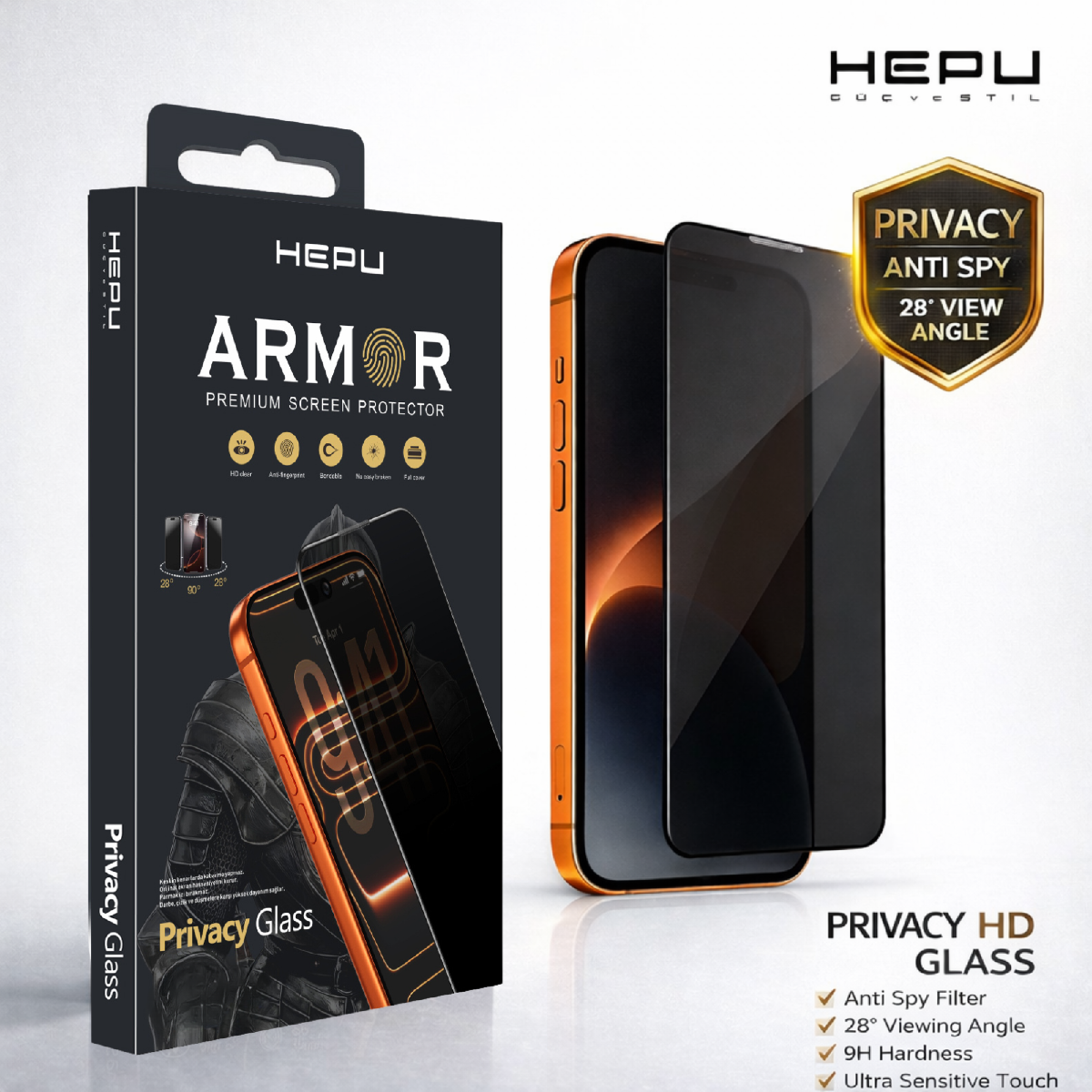 HEPU ARMOR Series Privacy Cam Ekran Koruyucu – iPhone 14 Pro Max Uyumlu