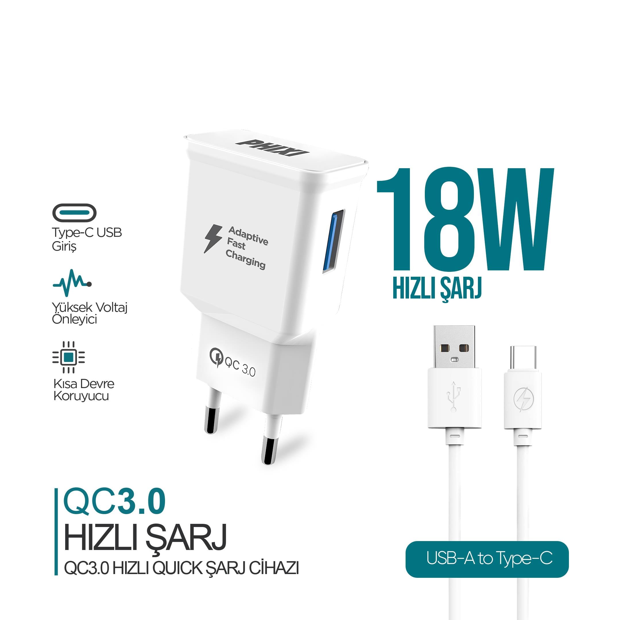 Phixi QCH202T Basic 12V / 3A Qualcomm 3.0 Type-C USB Kablolu Hızlı Şarj Cihazı