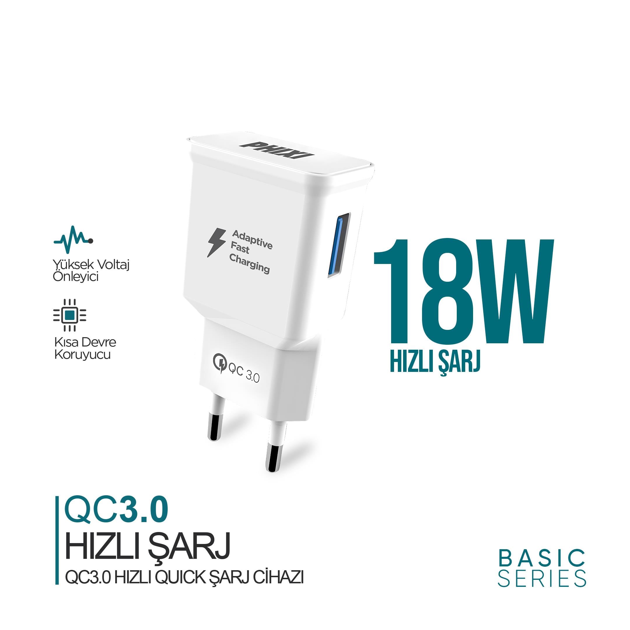 Phixi QCH202 Basic 12V / 3A Qualcomm 3.0 Hızlı Şarj Adaptörü