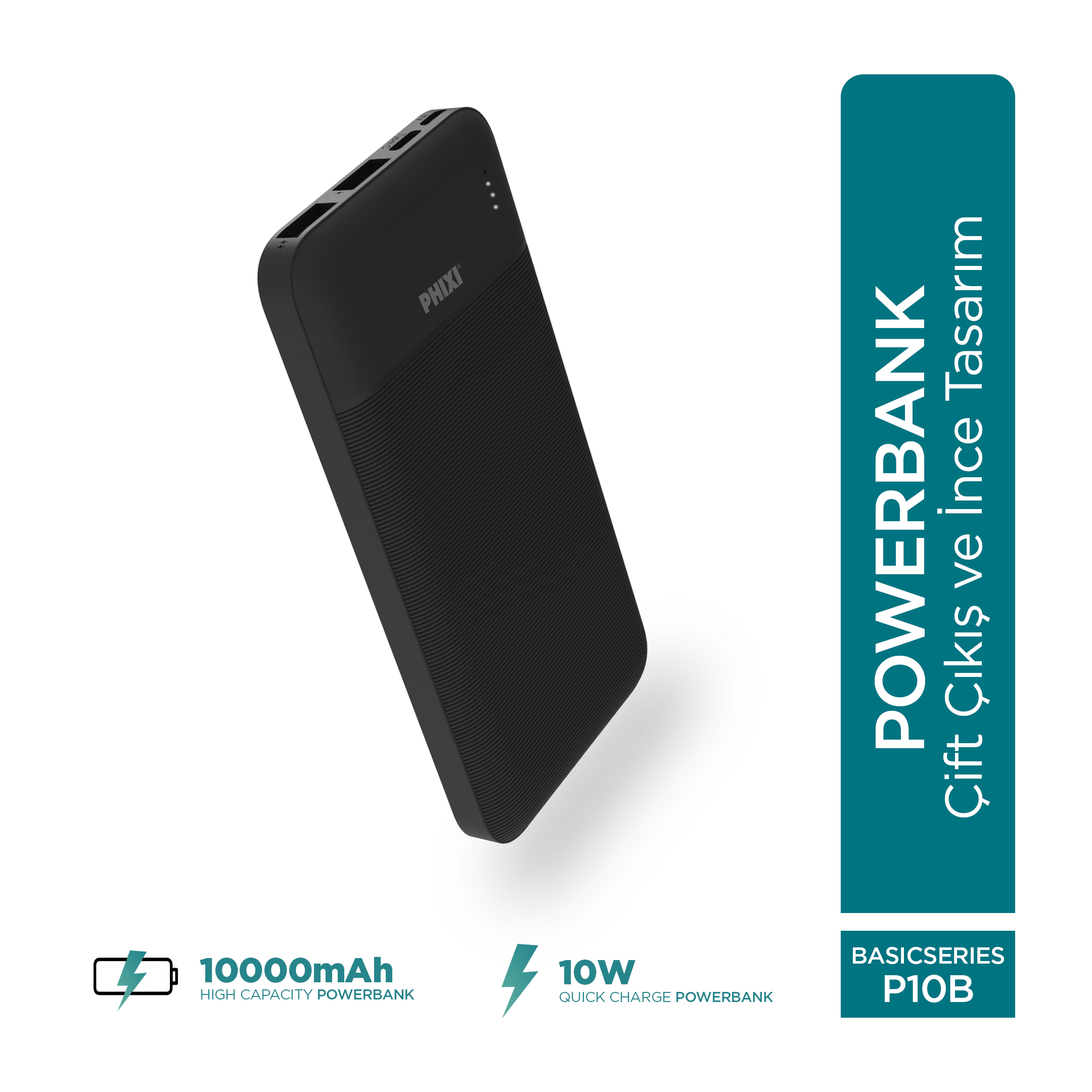 Phixi Basic P10 10000mAh Powerbank 10W - 2 Port LED Gösterge - Taşınabilir Şarj Cihazı